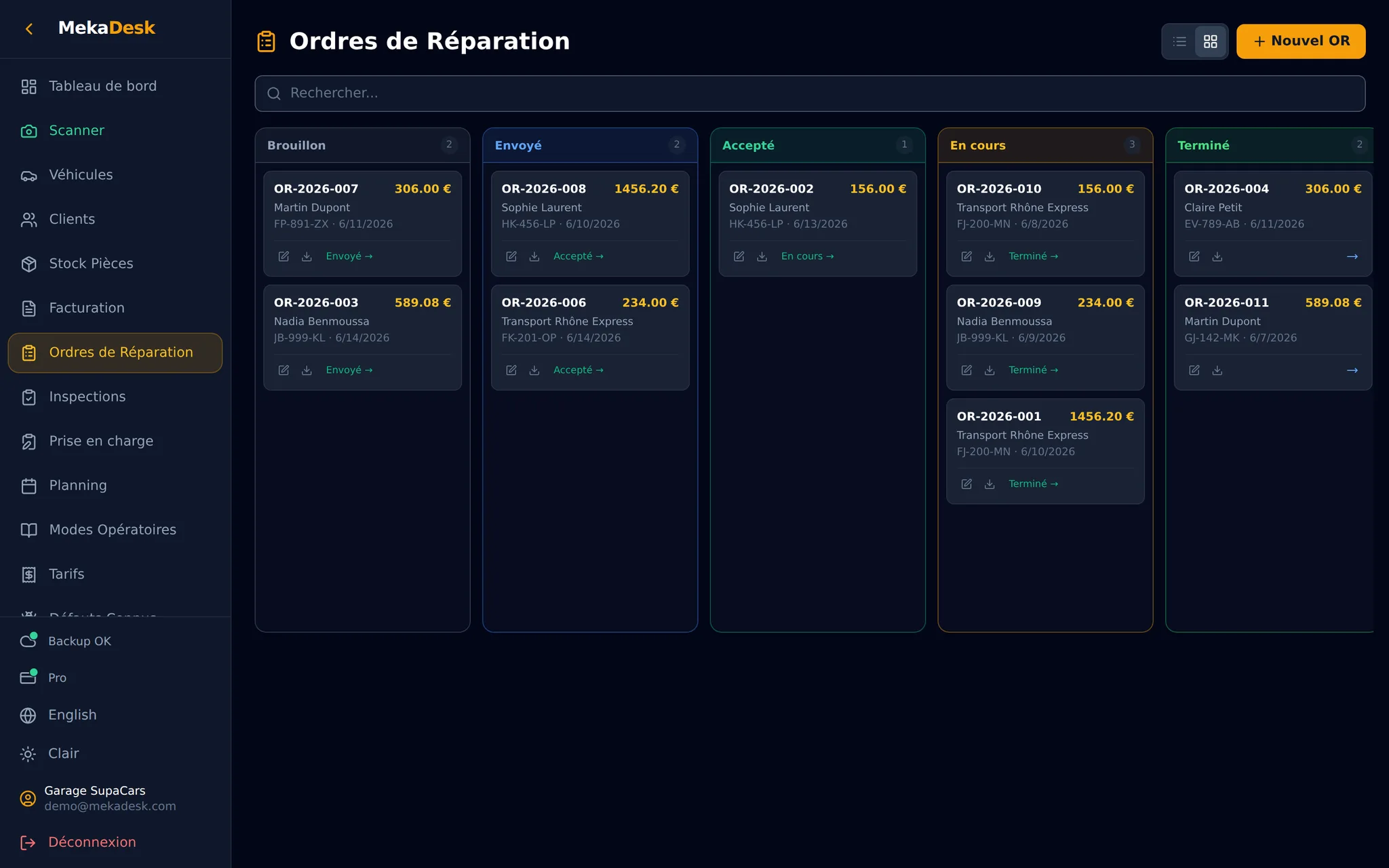 Tablero kanban de MekaDesk: seguimiento de órdenes de reparación por estado, del borrador a la facturación